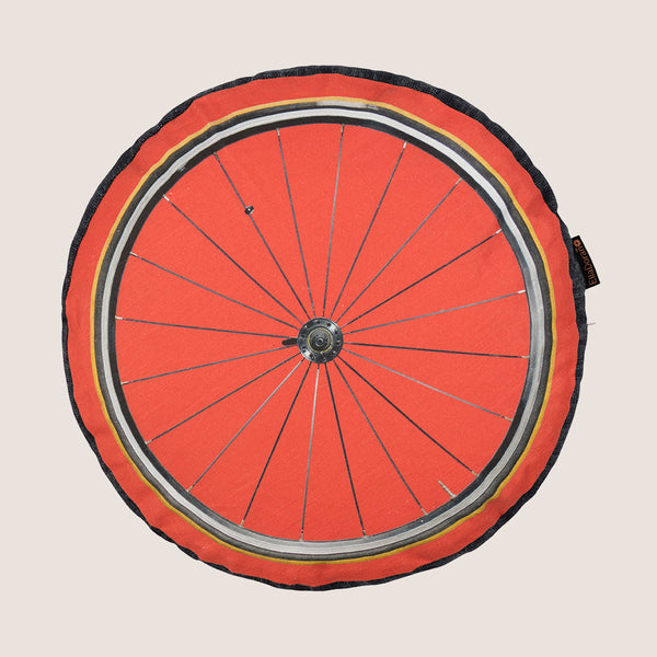 Bike Wheel Red cushion with blue denim gusset